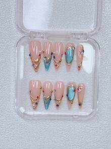 10片装Y2K美甲尖头按压式美甲套装 - 手工制作，粉色美甲，蓝色美甲，蓝色猫眼法式美甲，手绘蓝色猫眼图案和3D金色图案设计，闪亮彩色水钻美甲，精致优雅美甲用品 - 彩色 - 查看 3