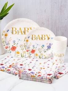 水彩野花金色闪光“BABY”一次性餐盘、餐巾纸、杯子、桌布和横幅套装，8人派对用品套装，适合生日、婚礼、主题派对、家庭野餐 - 彩色 - 查看 3