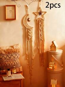 1 Set Handmade Woven Linen Star & Moon Wall Decor. This Is A Bohemian-Style Home Decoration Hanging. Suitable For Ramadan, Home Decor, Wedding Decor, Living Room Decor, Bedroom Decor. Can Be Used As A Holiday (Excluding Lighting), Home Decor, Room Decor, Wall Hanging Gift, Birthday And Graduation Gift.