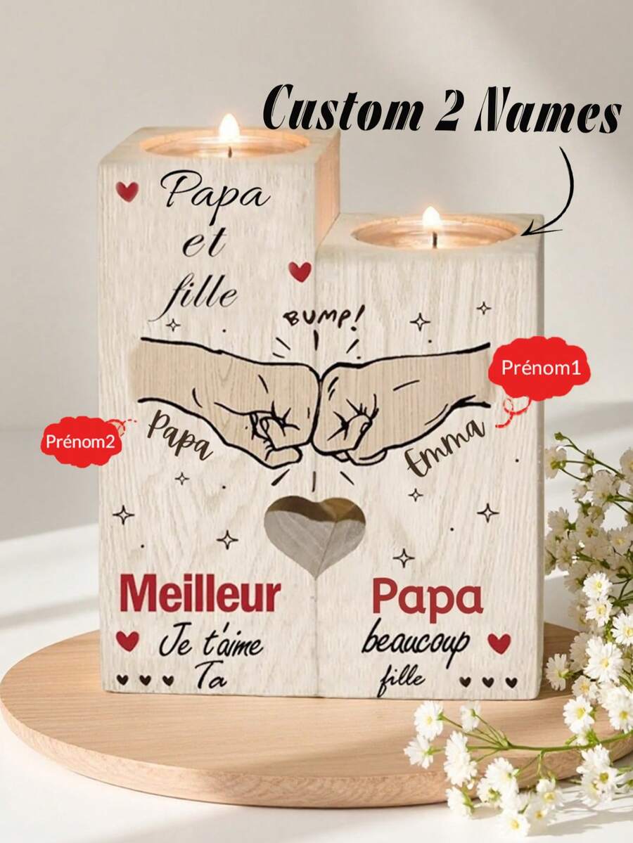 1pc Personalized Candle Holder, Wooden Father-Daughter Style (Candles Not Included), Can Be Customized With 2 Names - Beige - View 1
