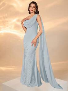 Elegant Women's Long Mermaid Dress With Asymmetrical Rhinestone Details And V-Neck Sleeveless Design For Formal Evenings Party Spring Wedding - Baby Blue - View 7