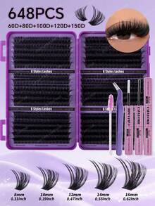 720/684/648/200pcs D-Curl Fluffy Thick False Eyelashes Set, Includes Beginner-Friendly Eyelash Tutorial, Thick & Full DIY Segmented False Eyelashes With Glue, Sealant, Tweezers And Brush, Enlarges Eyes, Lightweight & Reusable, Bulk Single Pair Eyelash Kit, Soft & Natural Mixed Lashes, Creates 5D Volumized Eye Makeup, Suitable For DIY At Home, Travel, Daily Commute, Parties, Weddings, Bridal - Purple - View 16
