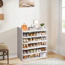 LIVINGANDHOME Living And Home 5-8 Tier Sturdy MDF Shoe Rack White Raised Guardrail Rounded Edges Vertical Storage Organizer For Home Entryway Bedroom Closet - White 82cm W X 26cm D X 88cm H - View 3