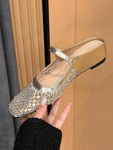 Xin Jing Shoes Women's Square Toe Shoes, Fashion Versatile Net Rhinestone Sexy Party Platform Slip-On Casual Commute Sandals - Gold - View 8