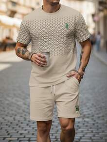 2pcs/Set Men's Casual Geometric Print Short Sleeve T-Shirt And Shorts Set, Summer - Khaki - View 1