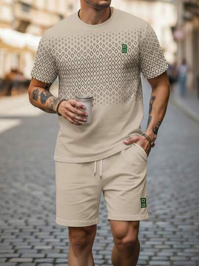 2pcs/Set Men's Casual Geometric Print Short Sleeve T-Shirt And Shorts Set, Summer