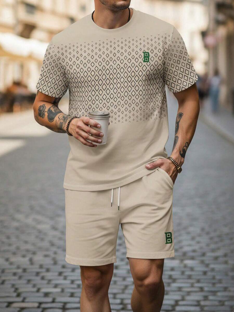 2pcs/Set Men's Casual Geometric Print Short Sleeve T-Shirt And Shorts Set, Summer - Khaki - View 1