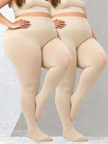 Plus Size Beige Sheer Tights - High Waist, No-Slip Stay-Up, Curvy Flattering Fit, Soft Stretch Pantyhose For Women Daily/Office Wear - Apricot - View 2