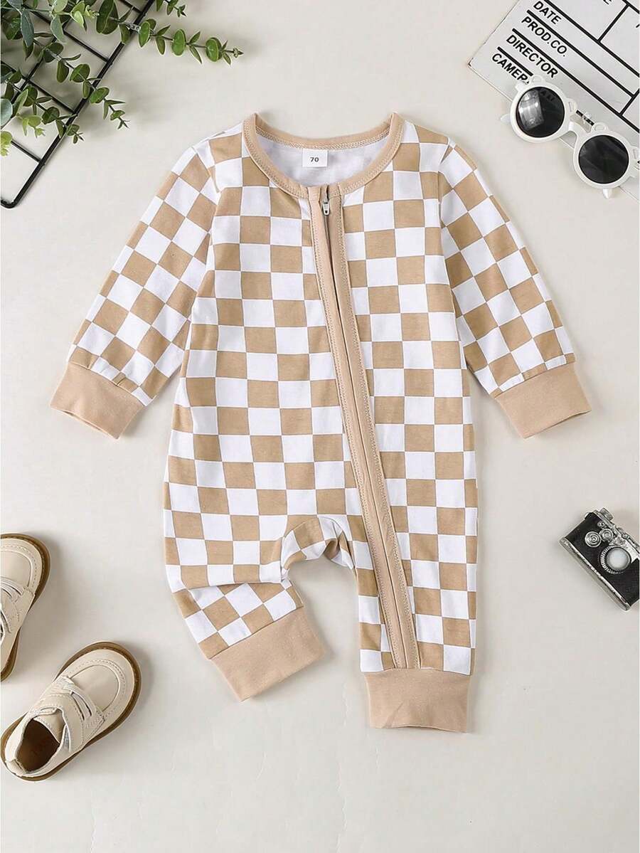 Baby Girl Boy Checkerboard Romper Round Neck Long Sleeve Full Length Zipper Jumpsuit For Fall - Khaki - View 1