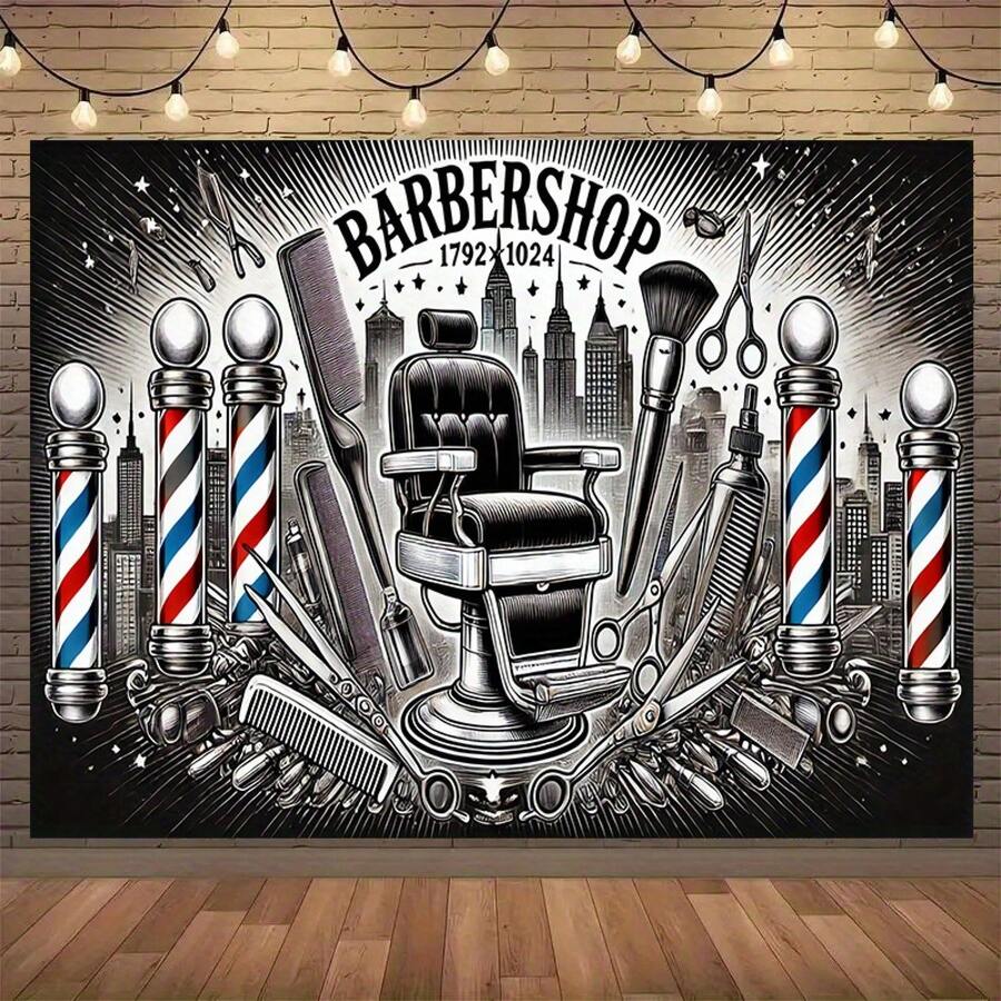 1pc Urban Barber Shop Theme Party Banner - Vintage 1792 Design With Cityscape & Barber Tools, Durable Polyester Indoor/Outdoor Decoration For Home, Garden, Themed Events (Mixed Colors), Barbershop Decor, Garden Event, Classic Barbershop, Longlasting Decor, Decorative Sign, Home Decorators - màu đen - Xem 1