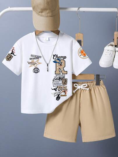 幼儿卡通印花短袖T恤和短裤夏季套装