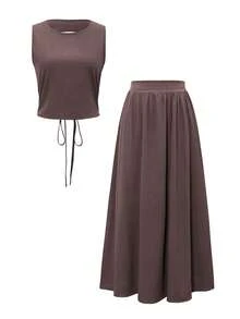 Look Polly Women's Spring Summer 2-Piece Casual Solid Color Hollow Lace Strap Tank Top, Umbrella Bottom Skirt - Coffee Brown - View 3