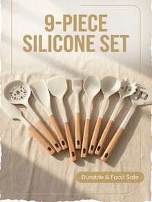 The Upgraded White Silicone Kitchenware Set Of Nine Pieces (Including A Strainer, Spatula, Scraper, Etc.) Is Heat-Resistant And Has A Non-Stick Coating. It Is Suitable For Operations Such As Stir-Frying, Serving, Mixing, And Brushing.