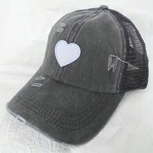 1pc Womens Distressed Sand Corduroy Baseball Cap With Heart Embroidery And White Stitch Detailing Featuring A Functional High Ponytail Hole And Breathable Mesh Back Panel Soft Structured Brim And Adjustable Snapback Closure For A Perfect Flattering Fit Ideal For Coffee Shop Lines Outdoor Markets Weekend Getaways Spring Picnics And Effortlessly Cool Everyday Style - 彩色 - 查看 5