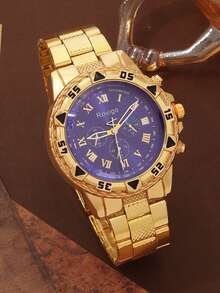 Bộ 2 món đồng hồ nam cao cấp, nhẹ, bao gồm đồng hồ mặt xanh cổ điển, vòng tay bện và dây chuyền dài đính hạt. Thời trang đa năng, lý tưởng cho công việc, đi làm, các buổi họp mặt Giáng sinh, các sự kiện năm mới, lễ tốt nghiệp, v.v. Có sẵn màu bạc và vàng. - Vàng - Xem 4