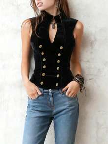 海军蓝复古宫廷风上衣 - 双排扣设计，采用柔软舒适的天鹅绒面料，适合日常休闲穿着，黑色系春季百搭单品 - 黑色 - 查看 5