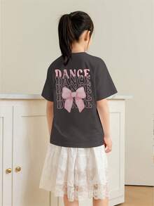 Girls' Casual Short Sleeve T-Shirt With Heart & Bow Cartoon Print, Versatile Summer Top - Dark Grey - View 2