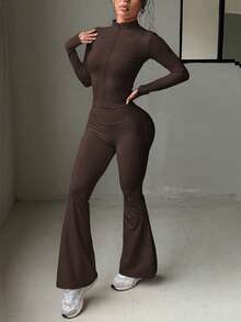 Aoqta 女士两件套运动服，纯色长袖拉链上衣搭配高腰修身裤，适合户外健身、跑步、瑜伽等运动，春夏款。 - 棕色 - 查看 6