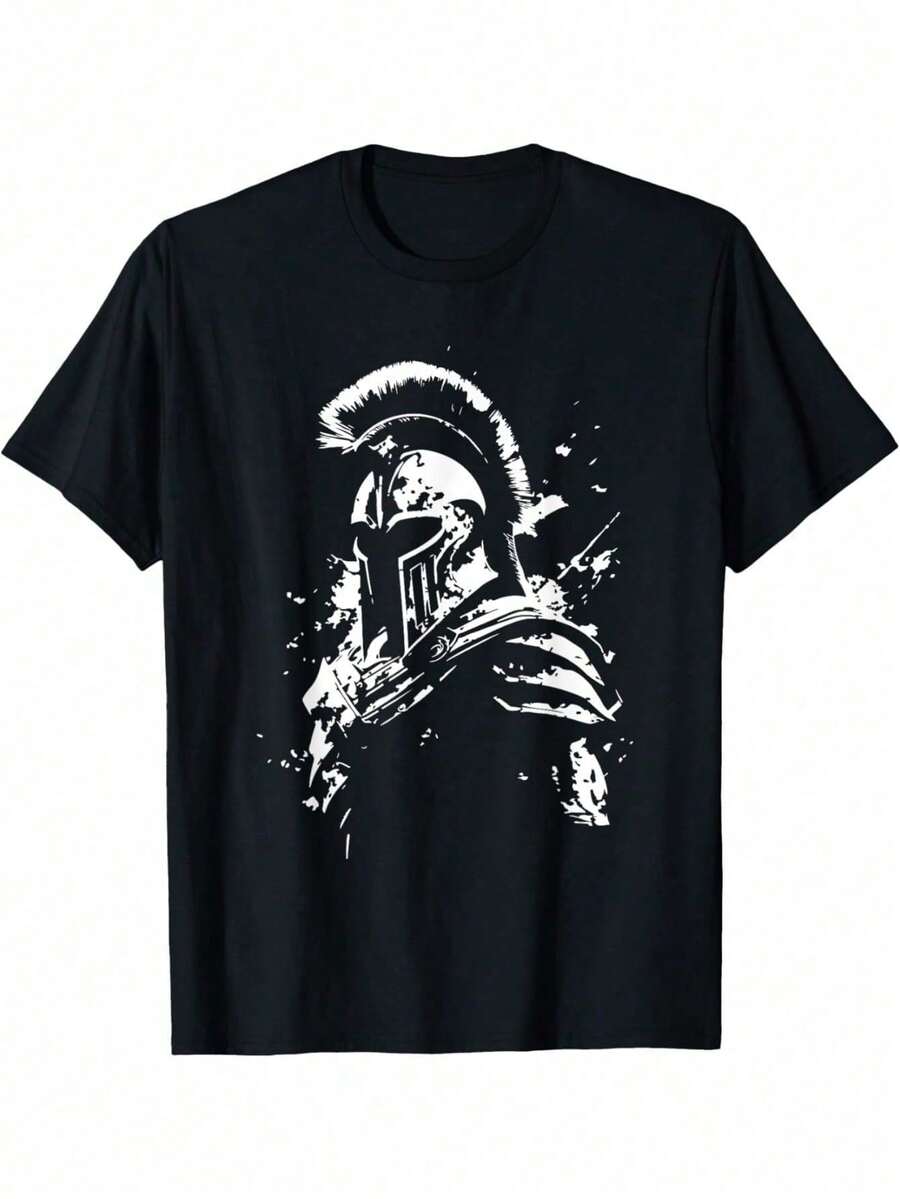Black Cotton T-Shirt Men With Leonidas Spartan Helmet Graphic - Greek Warrior Style, Training And Casual T-Shirt, Breathable Summer T-Shirt, Regular Fit, Machine Washable, Stylish T-Shirt, Everyday T-Shirt, Eye-Catching Print, Soft Material, Printed T-Shirt, Streetwear Lovers, Gym Clothing, Stylish T-Shirt, Comfortable Material, Gym Goers - Black - View 1