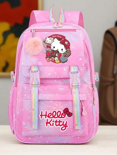 1 pieza Mochila plegable y ligera con estampado de Hello Kitty y colgante de peluche, mochila de múltiples compartimentos con correas ajustables, bolso de diseño kawaii para la escuela y uso diario, regalo de Navidad y Día de la Niña