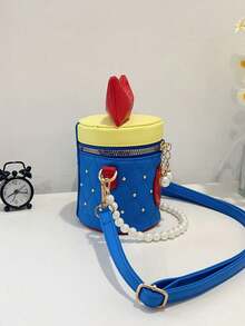 1 pièce Sac à main cylindrique de style princesse avec nœud papillon, design de niche incrusté de diamants et de perles françaises. Sangle d'épaule longue et lisse, confortable. Sac polyvalent de style coréen, convenant pour une utilisation extérieure et quotidienne, idéal comme cadeau pour la famille et les amis. - Sac seau doux - Voir 8