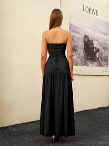 PARTHEA Cute And Elegant Women's Long Slit Hem Chiffon Dress Strapless A Line With Backless And Tie Back Details For Parties - Black - View 2