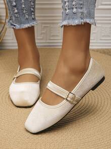 Giày bệt mũi vuông đính sequin cỡ lớn 35-43, giày lười cài khóa thanh lịch, thích hợp mang hàng ngày, phối cùng váy, mùa xuân/thu, kiểu giày búp bê. - Nhung màu be - Xem 5