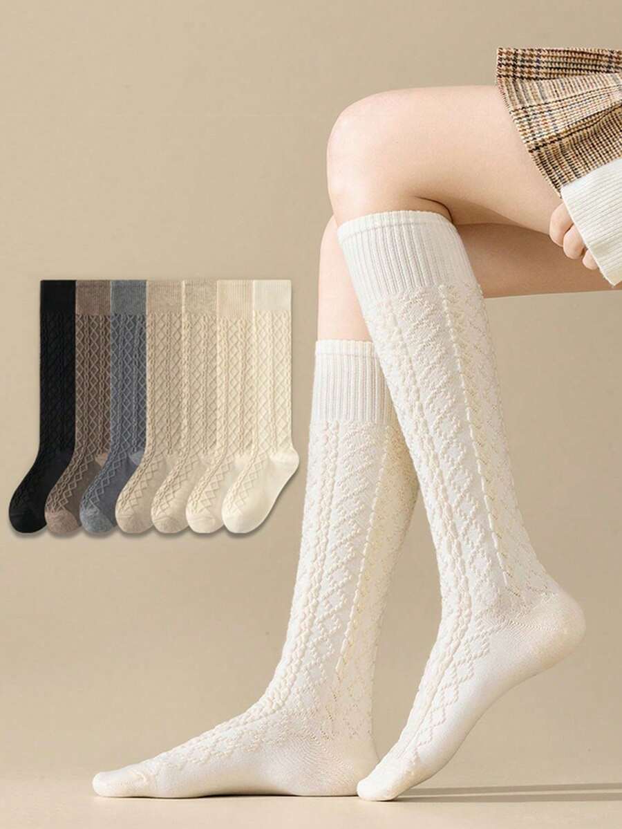1双女士多色中筒袜，针织过膝长袜，复古压纹保暖JK款袜子，适合春秋冬季穿着 - 彩色 - 查看 1