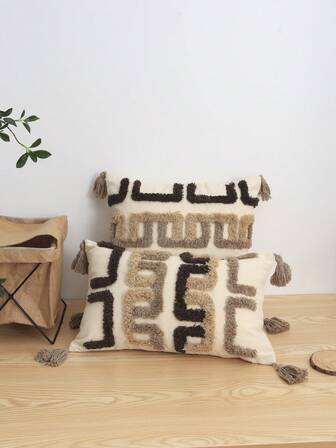 1 pieza Funda de cojín decorativa con patrón de líneas geométricas, bordado de borlas estilo bohemio para sala de estar, dormitorio, sofá, hogar, patio exterior, jardín, fiesta, coche, 30*50cm, 45*45cm, uso estacional (Inserto de cojín no incluido)