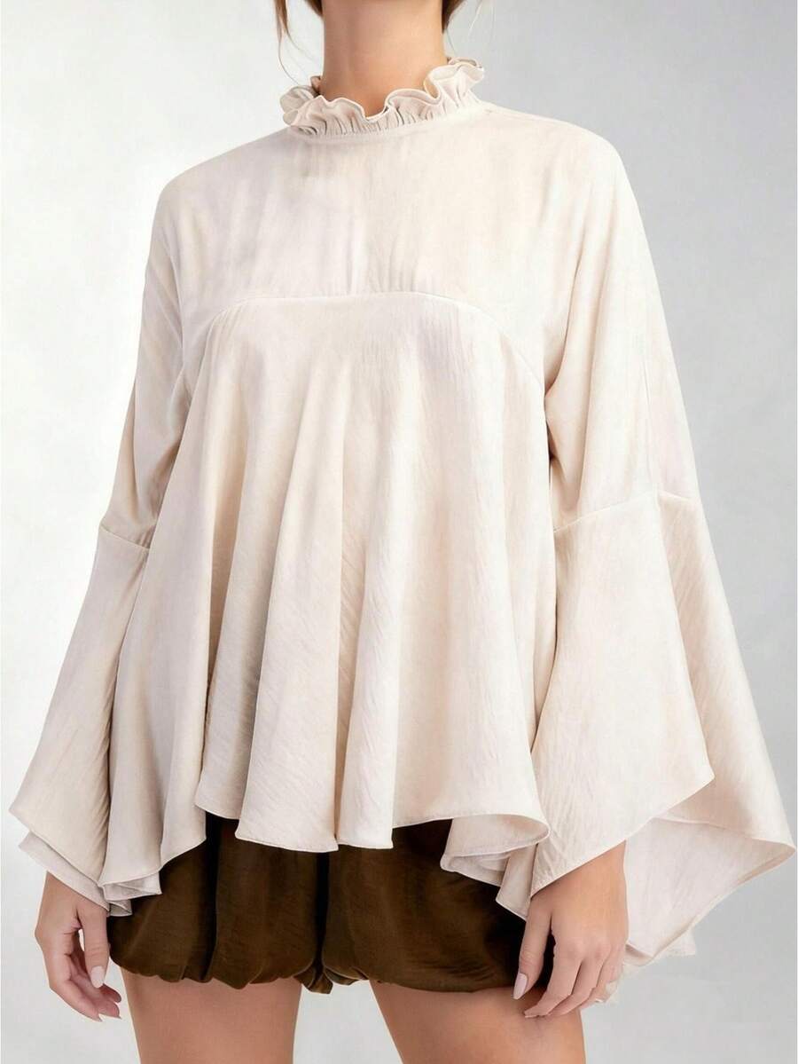 Women's Loose Fit Tops Fashionable Solid Color Long Sleeve Round Neck Irregular Ruffled Blouse For Casual Daily Wear - 杏色 - 查看 1