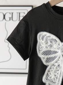 女童夏季手工大蝴蝶结装饰拼接荷叶边下摆圆领短袖连衣裙 - 黑色 - 查看 6