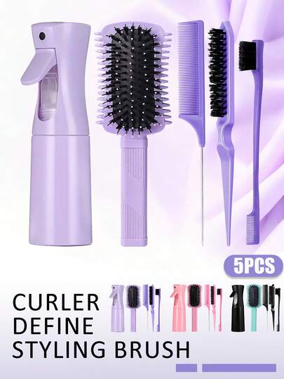 5pcs Detangling Hair Brush Set For Women-Curly Hair Brush Defining(Detangling Shaping), Spray Water Bottle Fine Mist Refillable, Skin Care, And Cleaning 6.8 Ounce, Teasing Hair Brush Rat Tail Comb Edge Brush For Edge & Back Brushing, Say Goodbye To Frizz And Tie A Knot, Suitable For Straight, Long, Coarse, Curly And Natural Hair Types(Pink, Purple, Green)