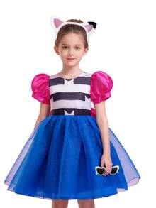 3pcs Set: Cartoon Cat Print Dress With Ruffle Sleeves, Headband & Glasses For Birthday Party, Masquerade Ball Costume - Blue - View 1