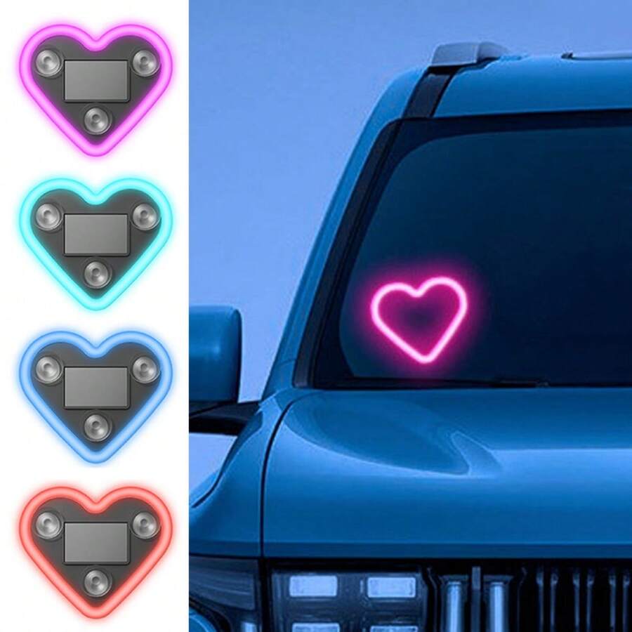 Solar Powered Triangle Heart LED Neon Light - Built-In Wireless Car Ambient Lamp , Auto Interior Decoration Accessories,300mAh Battery Capacity