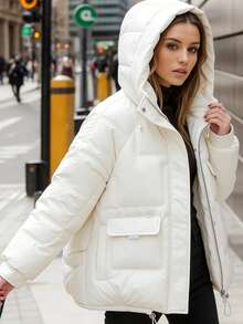 Chaqueta acolchada de algodón multibolsillos gruesa Chaqueta de algodón con capucha y relleno de plumón para mujer. Nuevo estilo corto. Abrigo acolchado grueso de estilo coreano con múltiples bolsillos. Chaqueta de algodón gruesa y cálida para el invierno. - Blanco - Ver 4