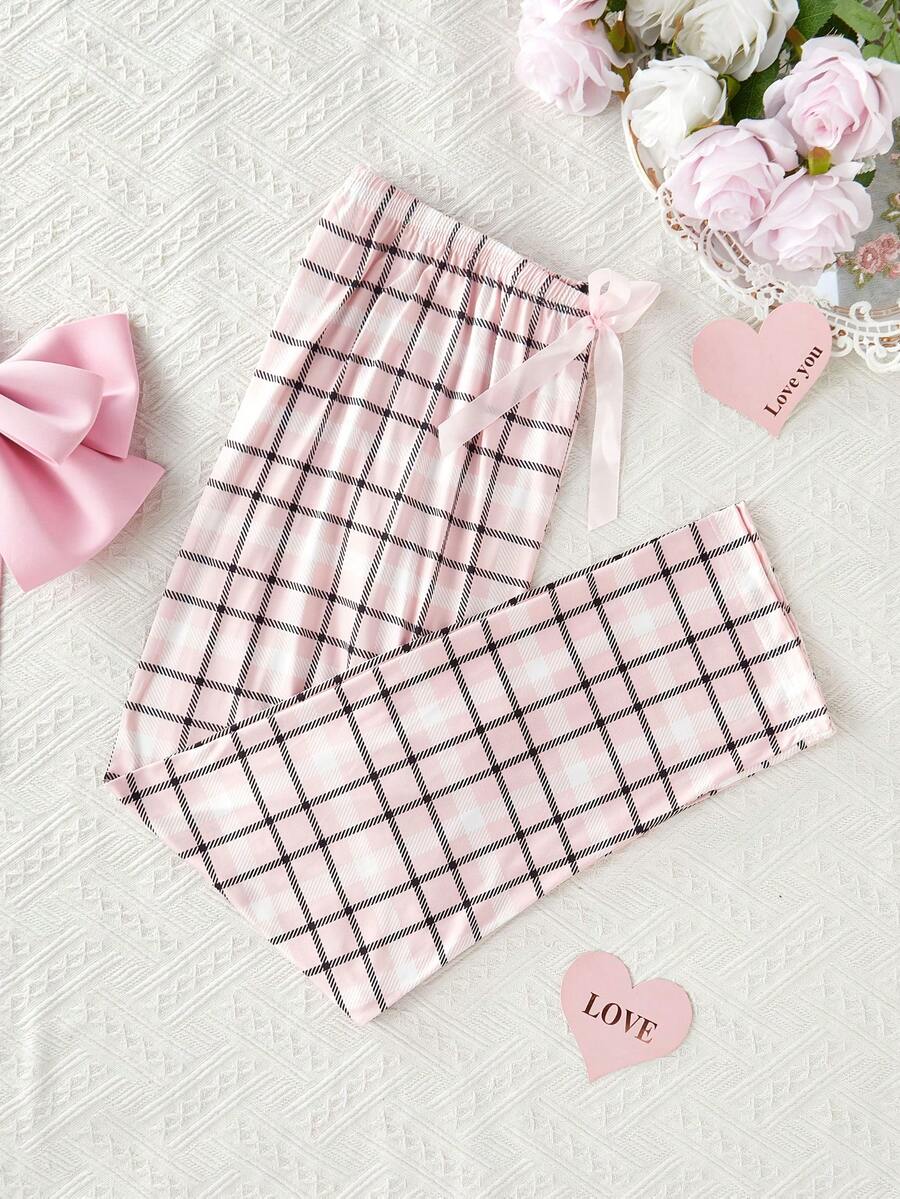 1件装 女士腰部蝴蝶结装饰格子印花睡裤 - 粉色 - 查看 1
