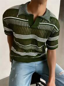 Áo polo nam YONGC kiểu dáng sọc rỗng thời trang mới, áo len tay ngắn nhẹ thoáng khí, áo dệt kim đa năng, thoải mái và năng động cho nam giới mặc trong kỳ nghỉ hè. - Màu xanh lá cây đậm - Xem 3