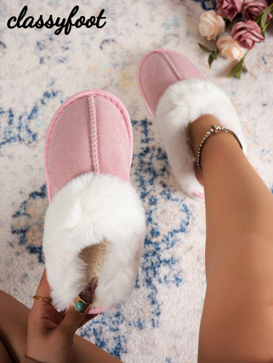 毛绒内衬厚底舒适家居拖鞋，秋冬季室内保暖，毛茸茸的鞋子，蓬松的拖鞋