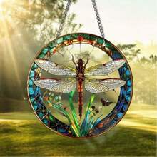 2D Flat, Dragonfly Suncatcher - Acrylic Stained Glass Window Hanging, Perfect Gift For Women, Suitable For Home & Porch Decor, Wreaths, Housewarming, Round Ornament, Decorative Art Style, Insect Theme