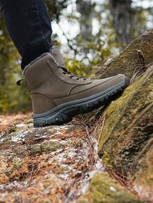 厚底高帮保暖鞋，带保暖内衬，秋冬男士户外雪地靴，PU大码男靴，户外徒步鞋，舒适休闲户外运动徒步靴，狩猎靴，登山靴，户外减震越野靴，攀岩鞋