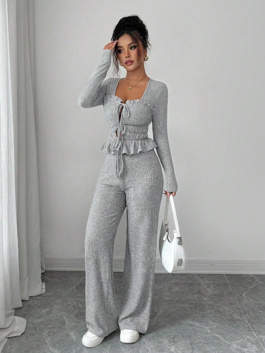 两件套冬季休闲新款灰色磨毛罗纹T恤，甜美荷叶边前系带，褶皱荷叶边下摆长袖T恤+松紧腰阔腿裤，舒适休闲套装