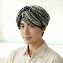 Fluffy Korean Gradient Short Straight Hair With Side Bangs Men's Short Wig, Synthetic Full Head With Clip-On Net Cap, Suitable For Party And Everyday Wear, Wig Hat - Multicolor - View 3
