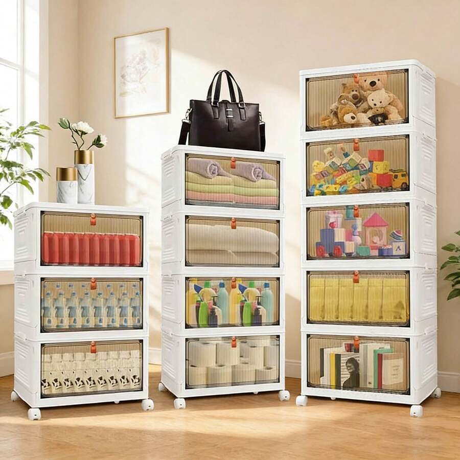 Royalswill 3-5 Tier Stackable Storage Boxes, Storage Boxes With Lids, Extra-Large Stackable Storage Boxes With Wheels And Doors, Suitable For Clothes, Bathrooms, Bedrooms, Living Rooms And Studies, Storage Drawers, Storage Boxes.