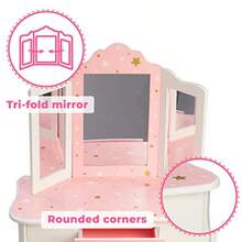 Teamson Princess Gisele Twinkle Star Print Juego de 2 Piezas para niños de Madera con Mesa de Tocado Espejo triplejo Cajon de Almacenamiento y Taburete a Juego BlancoConveniente y duradero, favorito para niños - Multicolor - Ver 3