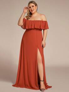 EVERPRETTY Plus Size High Slit Orange Off-Shoulder Elegant Bridesmaid Dress, Suitable For Spring/Summer Weddings, Parties And Valentine's Day Formal Occasions Party - Burnt Orange - View 3