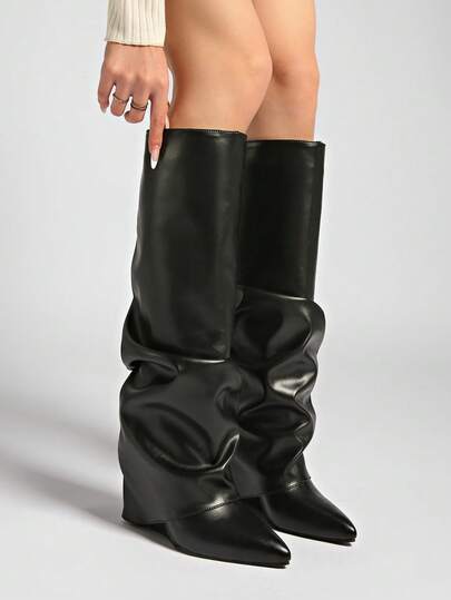 Fall/Winter 2025 Spring/Summer New European & American Pointed Toe Tall Boots Women, Slim Fit Straight Leg Shaft Boots, Wedge Heel Riding Boots