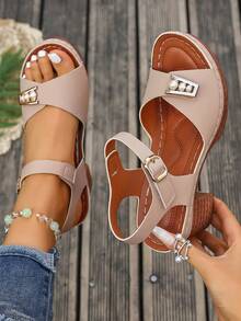 Women's Versatile Chunky Heel Sandals, Soft Sole, Open Toe, Fashion Casual Wear - Apricot - View 5