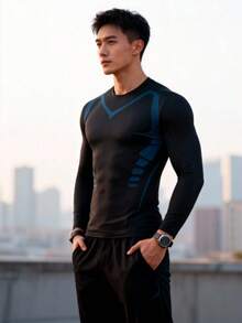 5-Pack Men's Long Sleeve Compression Shirts, Quick Dry Breathable Workout Tops, Tech Striped Athletic Tees With Boyfriend Style For Gym, Running, Sports & Casual Wear - Black - View 2