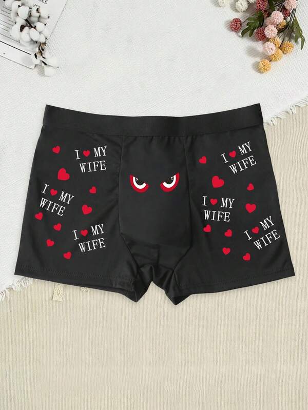 Men's Comfortable Underwear With Letter & Heart Print Pattern, Thin Breathable Stretchy Everyday Briefs