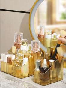 1 pieza Caja de almacenamiento de lujo multifuncional, Soporte de escritorio para bolígrafos y cosméticos, Organizador de maquillaje, Estante de cosméticos trapezoidal transparente de estilo nórdico, Decoración para el cuarto de maquillaje - Dorado - Ver 6